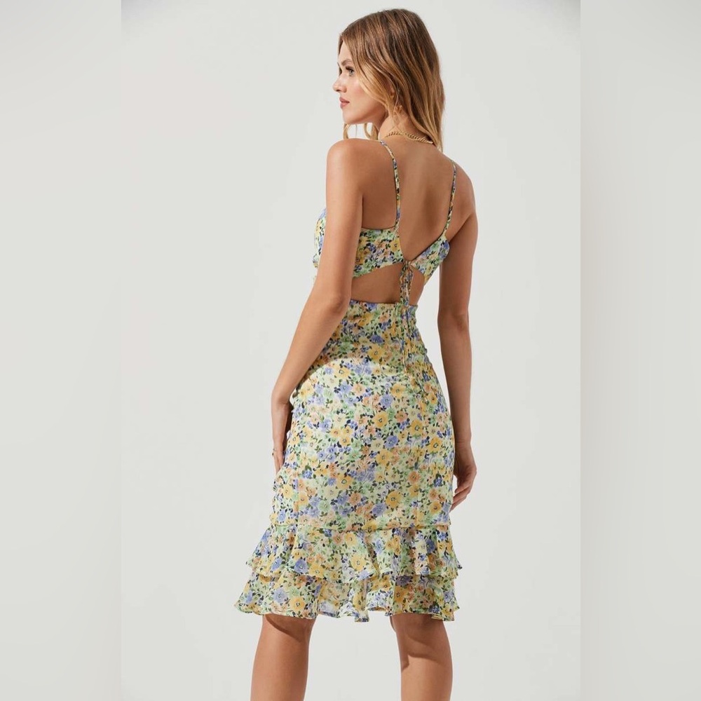 Astr Floral Ruffle Midi Dress in Yellow & Blue - Picture 2 of 5